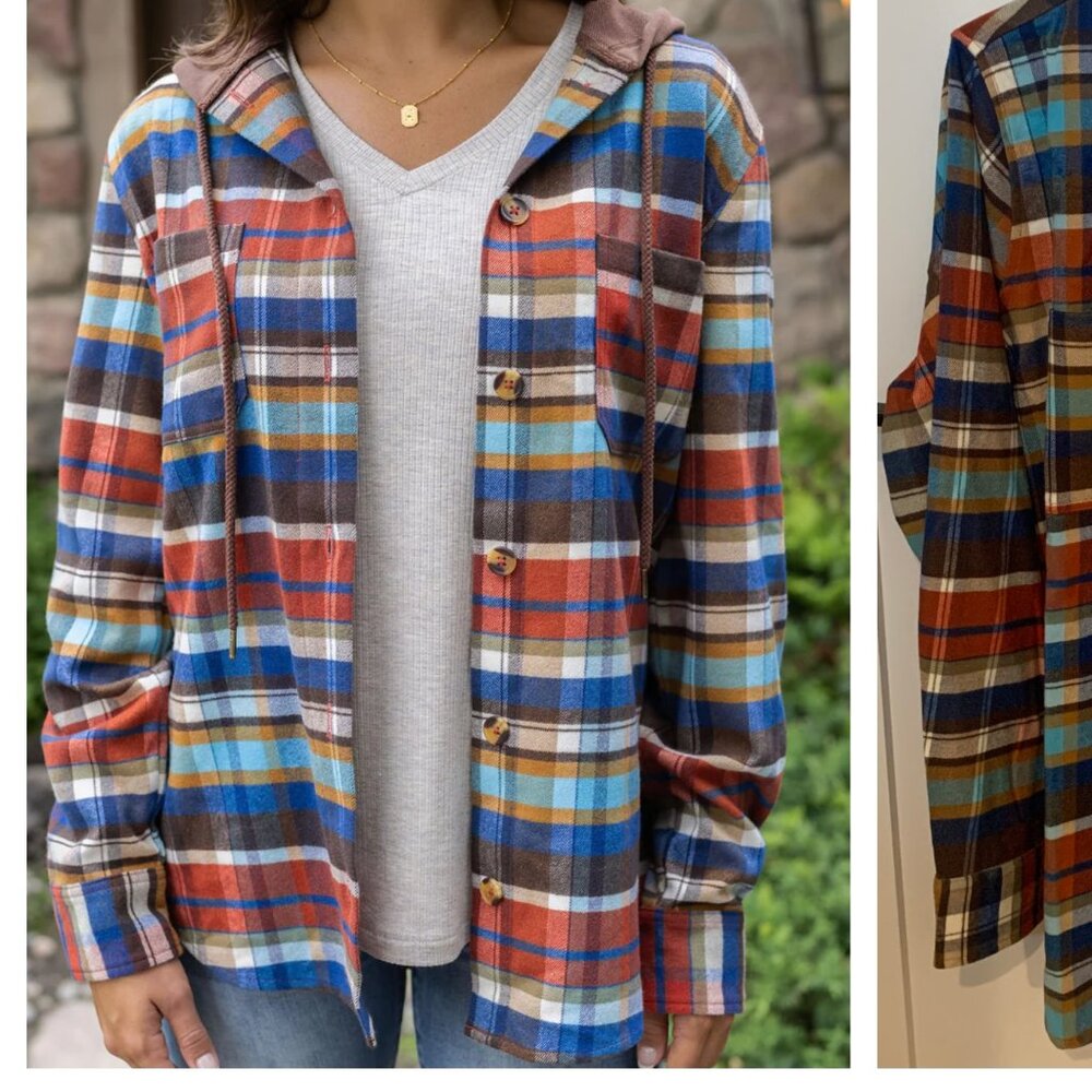 Grace & Lace Stretch Flex Hooded Shacket in Denim/Rust (L)